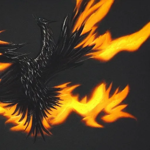 Image similar to black Phoenix bird, horror, dark lighting, on fire