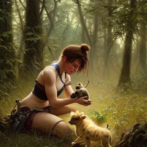 Image similar to photo of a hyenagirl feeds puppies in the forest, highly detailed, digital painting, artstation, smooth, sharp focus, illustration, art by artgerm and greg rutkowski and alphonse mucha