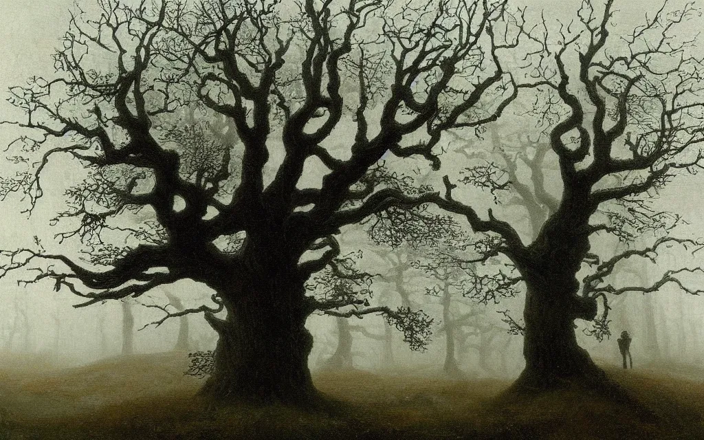 Prompt: a gnarly old oak in a shroud of mist and ghosts, by caspar david friedrich