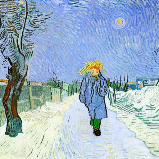 Image similar to a boy with colored dread hair walking in snow, 6 : 3 0 am, painted by van gogh