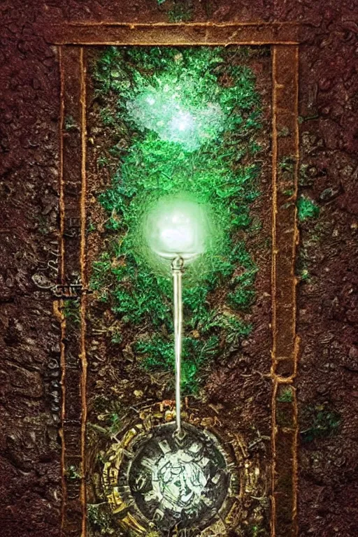 Image similar to the kabbalistic key to the sephira daath, etched into a wall with little bits of crystals, the floor covered by moss cgsociety