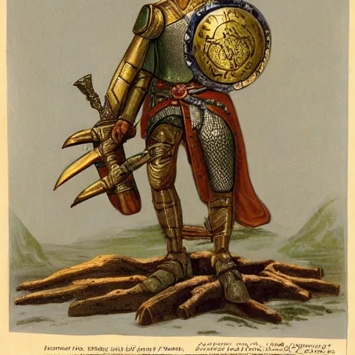 Image similar to an anthropomorphic poppy flower wears an iron breastplate with a gilded crown crest on it, holding a sword and shield as if she's ready for battle, standing next to a large tree stump that seems to be made out of white marble or stone, digital art