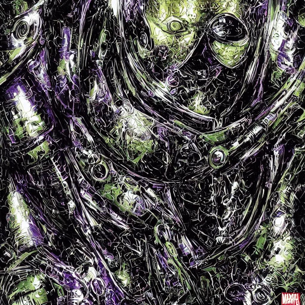 Image similar to A dramatic full-color close-up cyber-nouveau bust portrait of a hooded Doctor Doom in hyperdetailed shining armor by Chris Bachalo and Michael Golden, highly detailed, 8k, sparse dark atmosphere, perfect full color line art, perfect muscle structure, highly hyperdetailed and precisely designed, perfect symmetry, futuristic, dystopian, full color, Marvel Comics 1999, dim lights, high technical detail