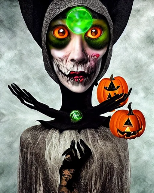 Image similar to halloween witch theme surrealist art in the styles of igor morski, jim warren, and a tim burton film, intricate, hyperrealistic, accurate facial details, profile picture with chromakey!!!! background, volumetric lighting