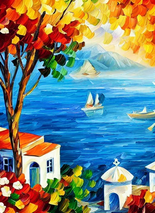 Image similar to beautiful seaside greek village in the style of leonid afremov