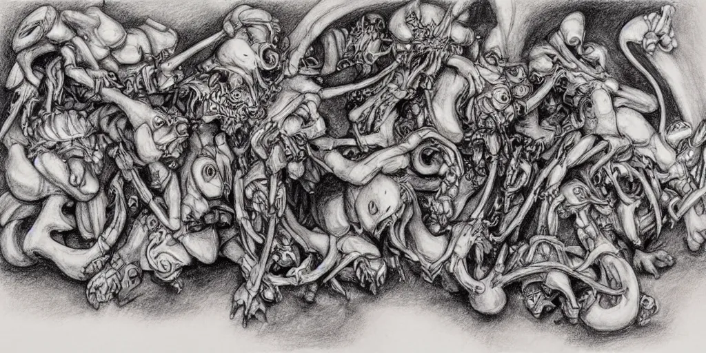 Image similar to high detailed drawing of smurfs and long white bones black and white, leaking oil, Brian Froud style