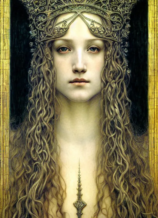 Image similar to detailed realistic beautiful young medieval queen face portrait by jean delville, gustave dore and marco mazzoni, art nouveau, symbolist, visionary, gothic, pre - raphaelite. horizontal symmetry