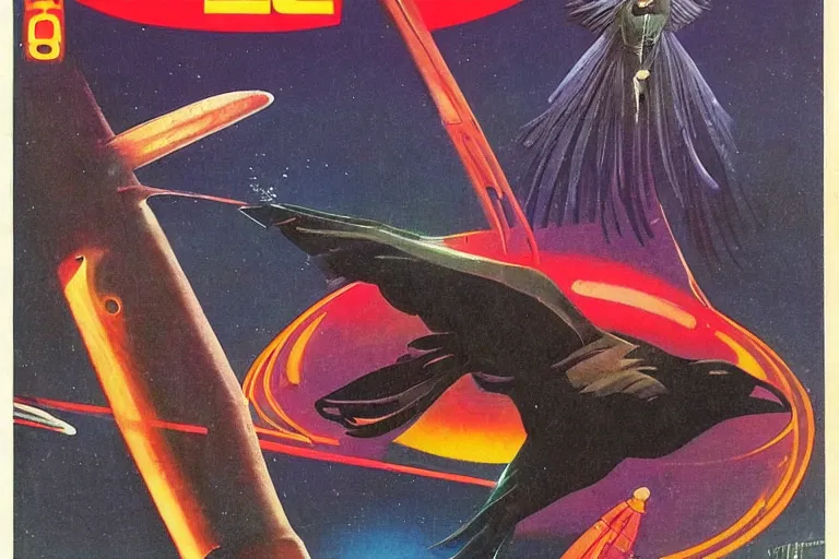 Image similar to 1979 OMNI Magazine Cover of a raven rogue. in cyberpunk style by Vincent Di Fate