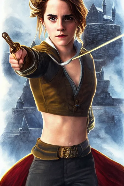 Prompt: Emma Watson as Captain Hogwarts, highly detailed, artstation, sharp focus, illustration, art by joe usko and greg hildebrandt