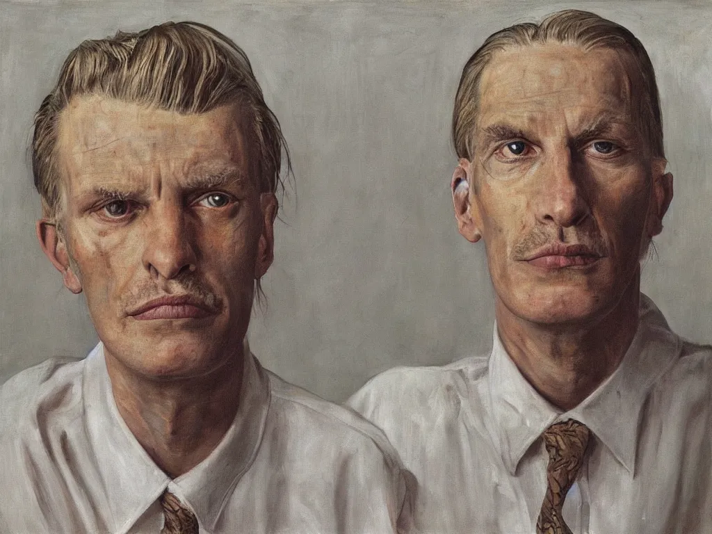 Image similar to portrait of a blonde Californian cult leader. Painting by Lucian Freud, August Sander.