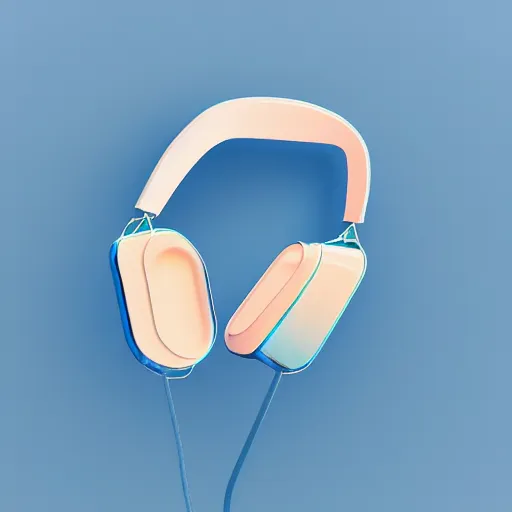 Prompt: an icon of a headphones in light blue metallic iridescent material, 3D render isometric perspective on dark background