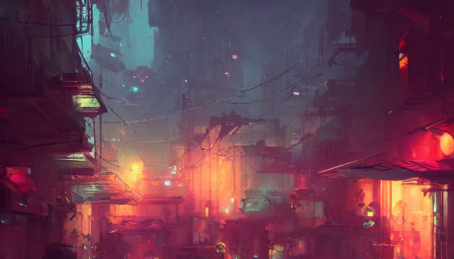 Prompt: an alley of a futuristic city at night by craig mullins and ismail inceoglu, atmospheric, fine details, vivid, neon, masterpiece, bokeh