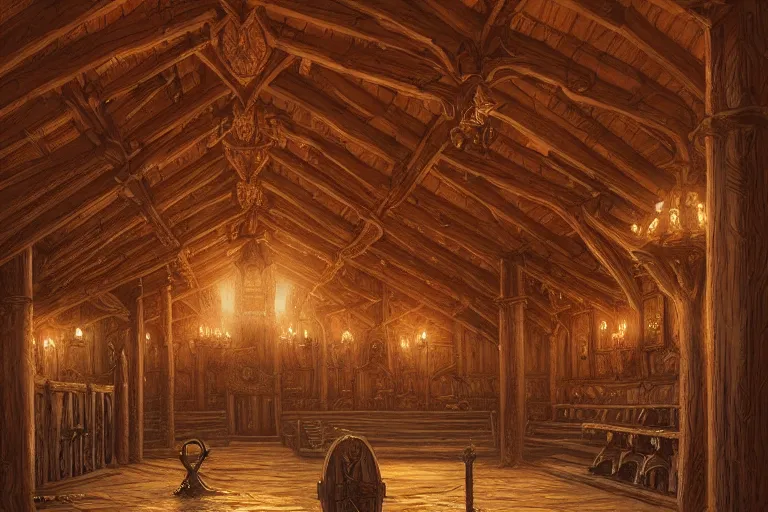 Prompt: Viking king\'s hall, ornate wood, by Andreas Rocha