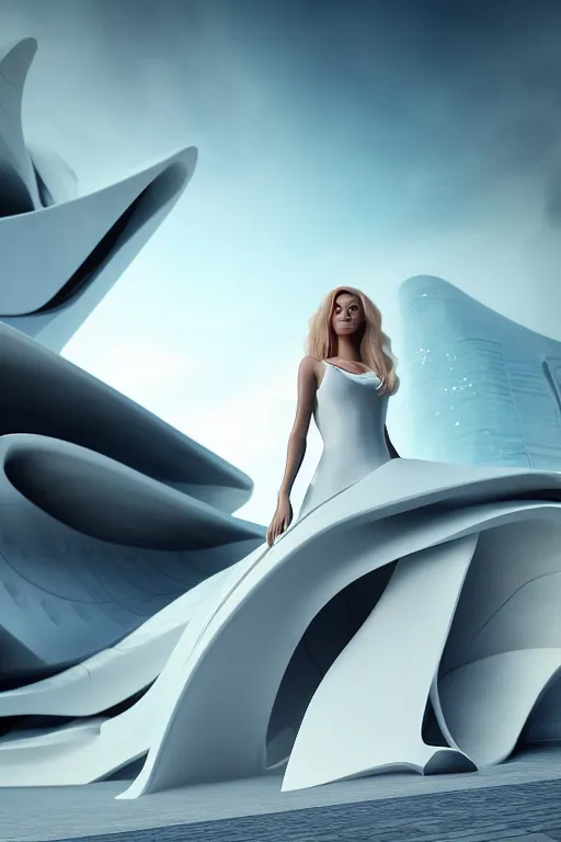 Image similar to a futuristic scene with an log blonde haired woman in a white flowing dress, in front of a zaha hadid building, cinematic matte painting, extreme detail photo quality, dark moody colors, featured on behance