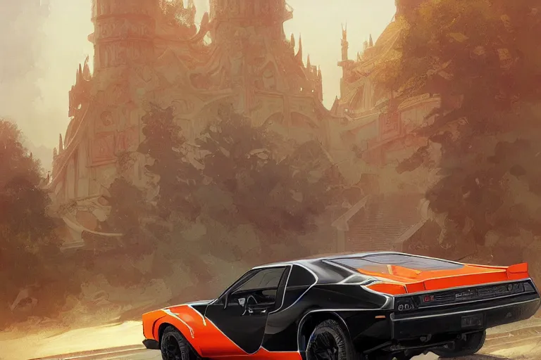 Image similar to The general Lee car, fantasy, elegant, intricate, highly detailed, digital painting, artstation, concept art, sharp focus, illustration, art by artgerm and greg rutkowski and alphonse mucha