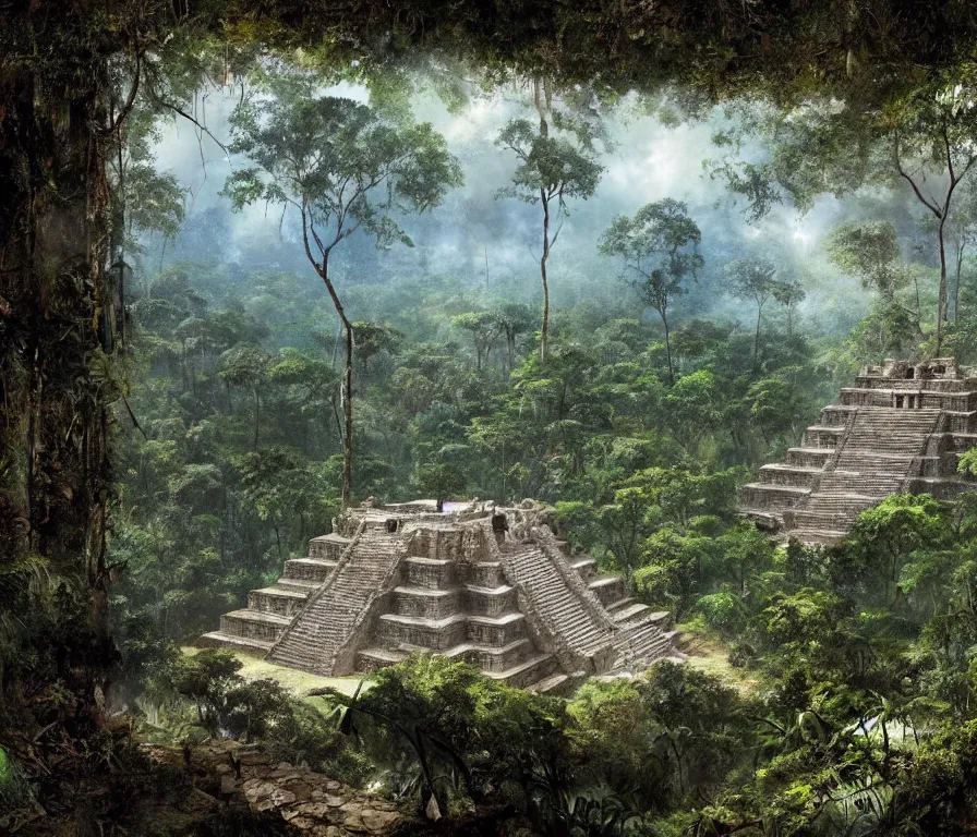 Image similar to a spectacular imax view of the beautiful ruins of a mayan temple in the jungle forest of yucatan, art by federico pelat and greg rutkowski and james gurney, hyperrealism