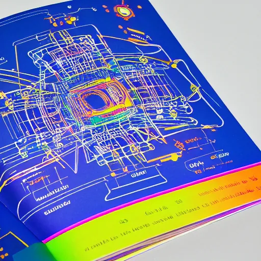 Image similar to A colourful Kidsbook containing a complex blueprints for different kinds of fusion reactor, , 40nm, shallow depth of field, split lighting, 4k,