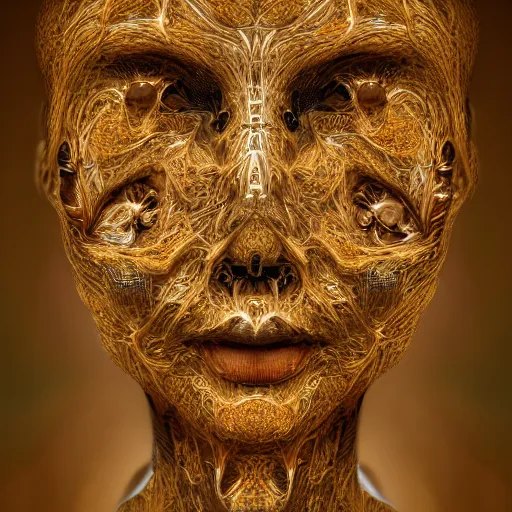 Image similar to face portrait of a beautiful woman, 150 mm, anatomical, flesh, flowers, mandelbrot fractal, veins, arteries, symmetric, intricate, golden ratio, full frame, microscopic, elegant, highly detailed, ornate, ornament, elegant , luxury, beautifully lit, ray trace, octane render in the style of peter Gric , alex grey and Romero Ressendi