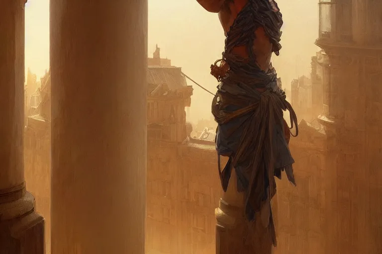 Image similar to a man tied to a column, highly detailed, digital painting, artstation, concept art, smooth, sharp focus, illustration, cinematic lighting, art by artgerm and greg rutkowski and alphonse mucha