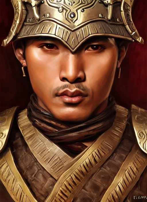 Image similar to smart tai warlord, closeup portrait, historical, ethnic group, traditional tai costume, sukhothai costume, bronze headset, fantasy, intricate, with leather armor cross onbare chest, elegant, loin cloth, highly detailed, oil painting, artstation, concept art, matte, sharp focus, illustration, hearthstone, art by earl norem