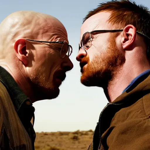 Image similar to walter white kissing jesse pinkman on the lips, hd still from the show breaking bad