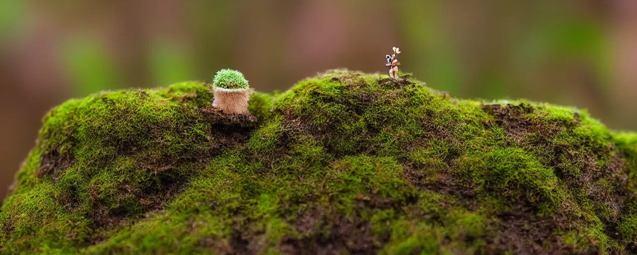Image similar to a tiny cute mossy forest creature by bobby chiu, at sunset, macro photography, goro fujita