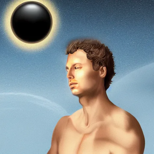 Image similar to digital painting of a greek god of black holes, modern adaptation, trending on artstation, floating in front of the void, with a black sphere behind him, 4 k, pleasant lighting