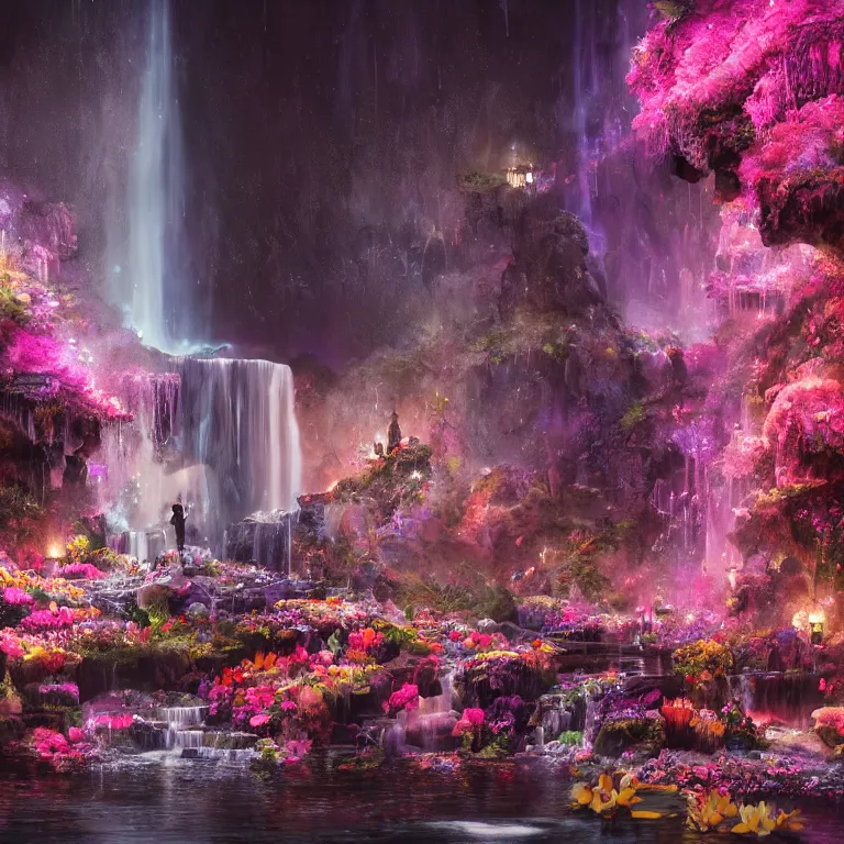 Prompt: oil painting, rich deep colors masterpiece, waterfall, night lights, gray, pink, ultra detailed, beautiful fantasy cave scene, contrast, firefly lights, neon drops, neon stones, redheaded flower girl and dress made of fresh flowers, volumetric light, neon signs, atmospheric lighting, dramatic, cinematic, steampunk, moody, octane render 4 k, 8 k