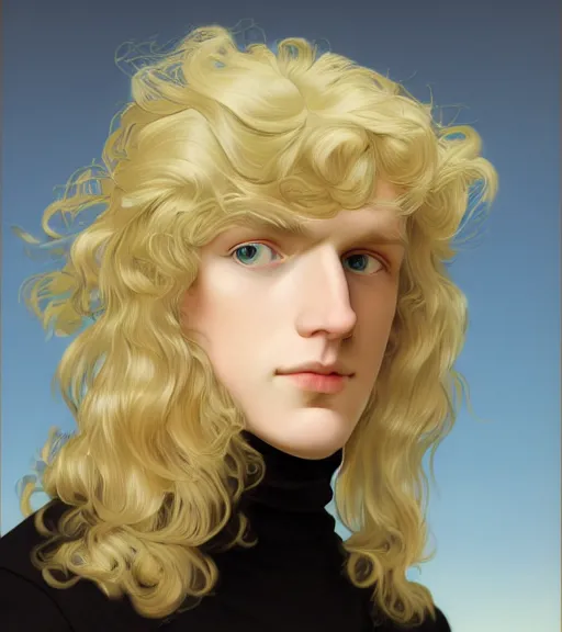 Image similar to clean cel shaded art of a pale androgynous blond young man Lucius, long fluffy curly blond hair, light platinum long blond hair, wearing a black turtleneck sweater, Alexandre Cabanel, norman rockwell, peter paul rubens, maler collier, frank frazetta, alphonse mucha, gustav klimt 4k, unreal 5, DAZ, french noveau, trending on artstation, octane render, hyperrealistic