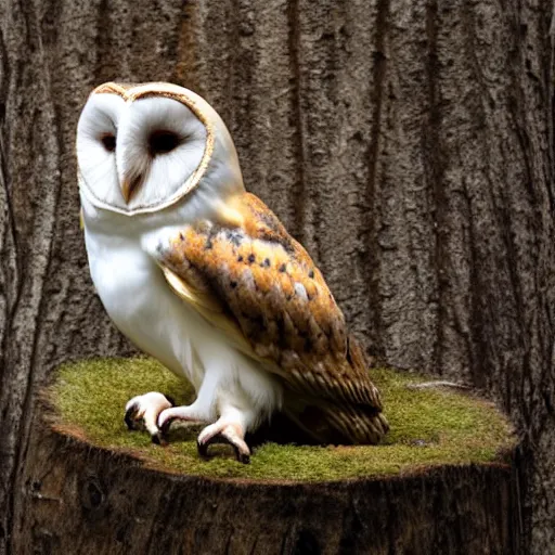 Image similar to ”A barn owl sitting on a Nike shoe standing on a birch stump, 4K, Sigma 55”