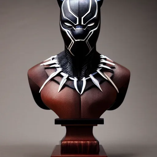 Prompt: a completely made of wood, real - world sculpture bust of the black panther marvel character, made of highly polished walnut wood, polished, cedar, polished tiger - wood. photograph, photographic, 3 5 mm