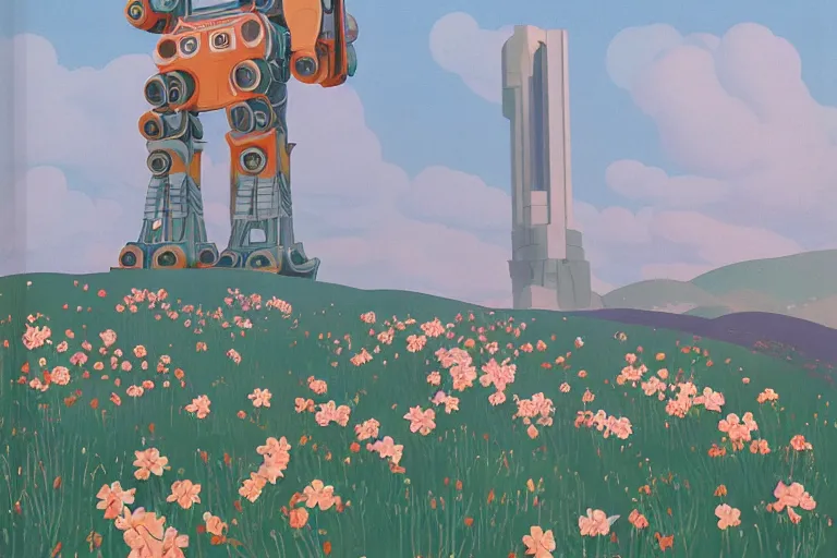 Image similar to giant mecha robot, blooming hills with spring flowers and pillars by helen lundeberg