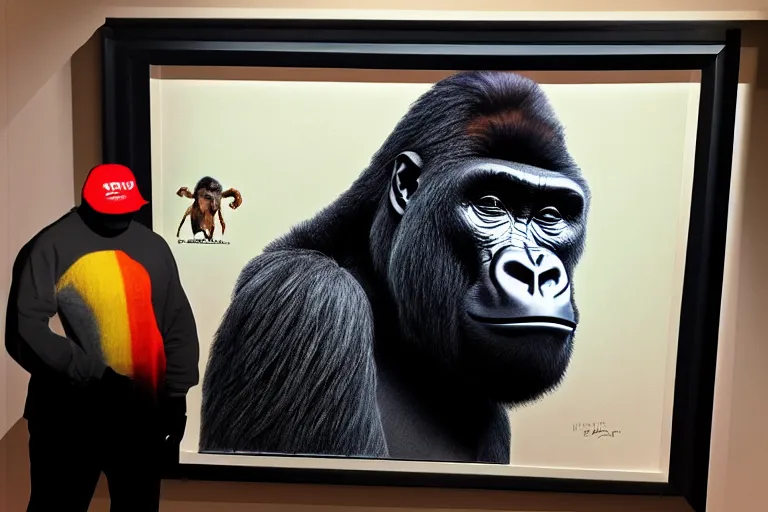 Prompt: Gorilla standing beside a framed illustration of a vividly colored portrait of a man wearing a turtleneck and an admiral’s hat, hyperrealistic, concept art, 8k, artstation, cinematic, volumetric lighting