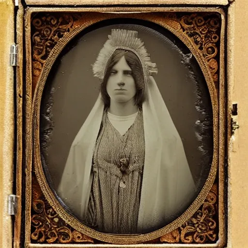 Prompt: daguerreotype ambrotype of an ative american high extremely beautiful priestess very intricate, highly detailed