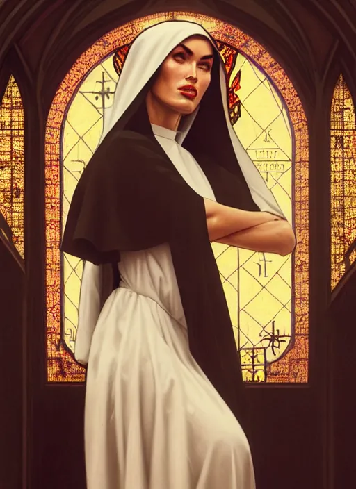 Image similar to portrait of megan fox as a nun, catholic, church, bible, christian, intrigante, headshot, highly detailed, digital painting, artstation, concept art, sharp focus, cinematic lighting, illustration, art by artgerm and greg rutkowski, alphonse mucha, cgsociety