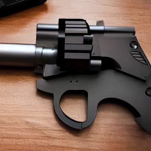 Image similar to a 3 d printed, futuristic revolver that takes glock mags. 4 k, shot on an iphone 1 2.