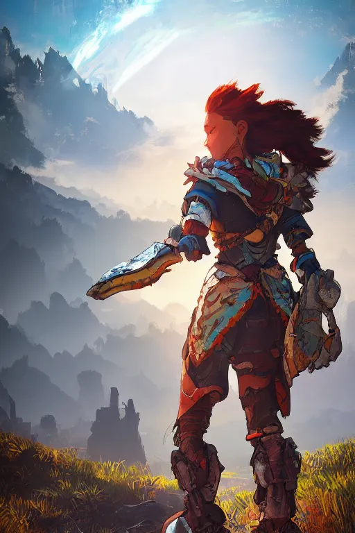 Image similar to combination suit armor aloy horizon forbidden west horizon zero dawn radiating a glowing aura global illumination ray tracing hdr fanart arstation by ian pesty and alena aenami artworks in 4 k tribal robot ninja mask helmet backpack