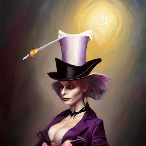 Image similar to oil painting of a rabbit dressed like a female magician with a top hat and a magic wand, urban fantasy art by seb mckinnon, artstation npc character design, top - rated