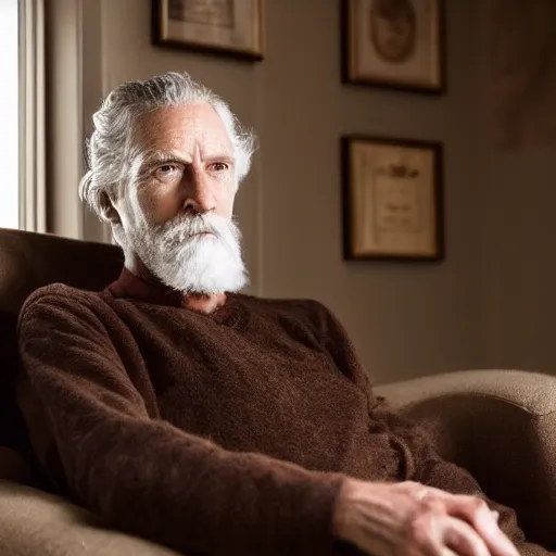 Prompt: cozy picture of older handsome lord richard is sitting gracefully on a sofa, his eyes look wise