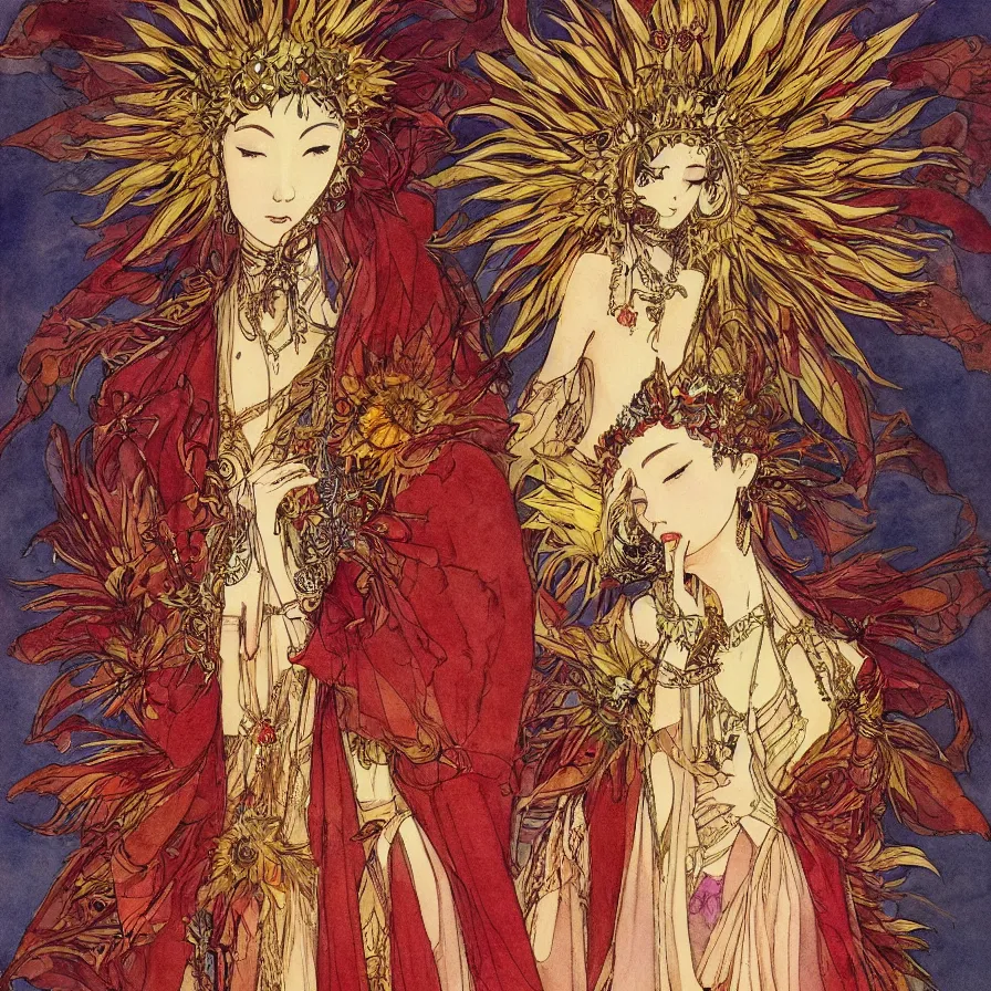 Prompt: watercolor, final fantasy character design, east-asian queen-goddess wearing a shiny golden sunflower crown and a divine black and brown dress, character portrait, angelic, shrouded in soft red smoke, harry clarke artwork