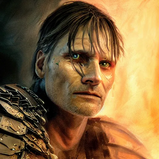 Image similar to viggo mortensen portrait, dystopia core, apocalyptic, armor, warrior, dramatic, sharp focus, fiction, neon, fantasy, hyper detailed, digital art, trending in artstation, cinematic lighting, studio quality, smooth render, unreal engine 5 rendered, octane rendered, art style and nixeu and wlop and krenz cushart