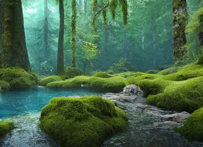 Image similar to A natural pool in a forest with tall trees, overgrown with moss, surrounded by lush plants, vines hanging from the tall trees, pine trees, detailed, digital art, trending on Artstation, atmospheric, volumetric lighting, hyper-realistic, Unreal Engine, sharp