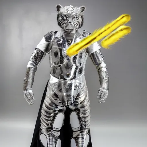 Image similar to silver tiger-like features on a humanoid face wearing space armor, yellow eyes, teeth like a saber tooth and fine grayish fur