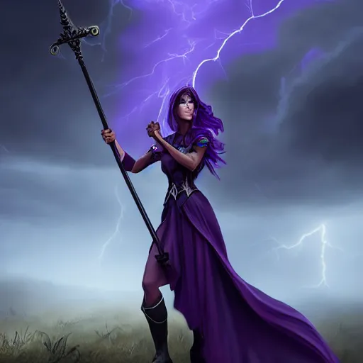 Image similar to a woman in a purple dress holding a staff and dark magic, storm and rain behind her, action scene, magical concept art, artstation contest winner, fantasy art, dark and mysterious, artstation hd, 1 2 0 mm lens, hero pose, detailed, 8 k, digital art