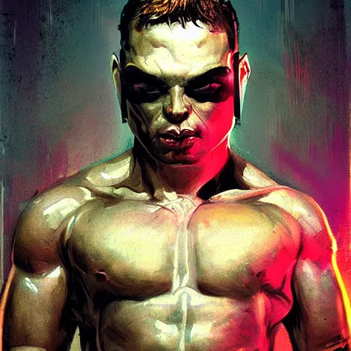 Prompt: portrait, digital art, - wrestling fighter, synthwave, glitch, realistic, hyperdetailed, chiaroscuro, concept art, art by john berkey