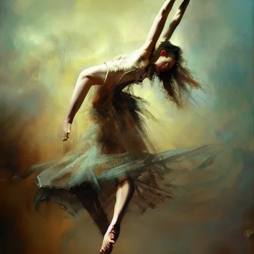 Image similar to painting of a beautiful surreal goddess, dancing on a cloud, by Jeremy Mann and Jason Jenicke, detailed, stylized, loose brush strokes, intricate, realistic, exaggerated lighting, sense of scale, sensual