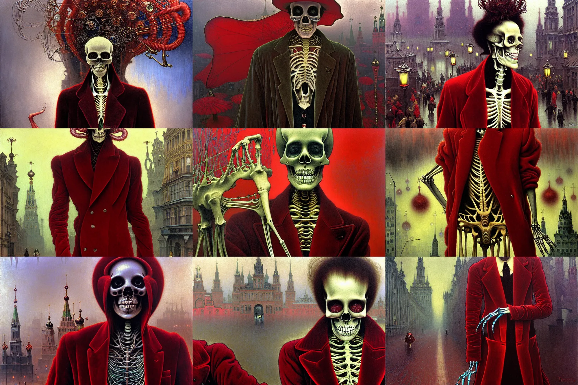 Prompt: realistic detailed closeup portrait painting of a single skeleton wearing crimson velvet blazer in a foggy crowded futuristic moscow street by denis villenueve, amano, yves tanguy, alphonse mucha, ernst haeckel, jean delville, ilya repin, edward robert hughes, andrei tarkovsky, roger dean, rich moody cold colours, closeup