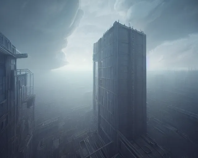 Prompt: a picture of a large building in the sky, a matte painting by mike winkelmann, cgsociety, deconstructivism, matte painting, matte drawing, cryengine