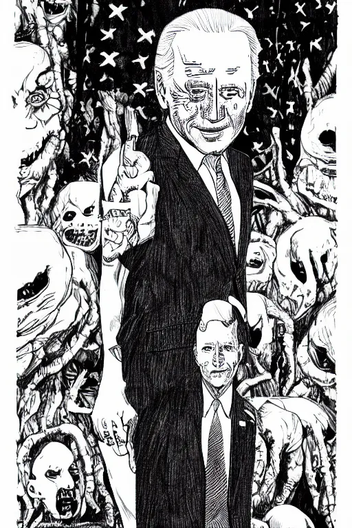 Image similar to Joe Biden full body portrait, body horror, black and white Illustration by Junji Ito