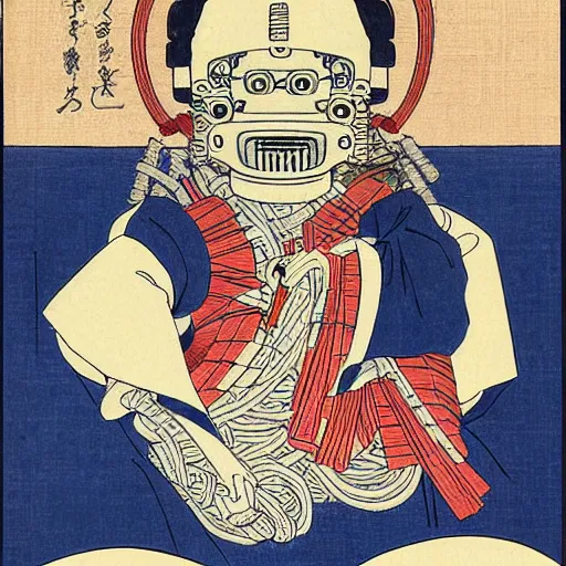 Image similar to a ukiyo-e portrait of a robot saint made of cables and robotic parts, by Hokusai